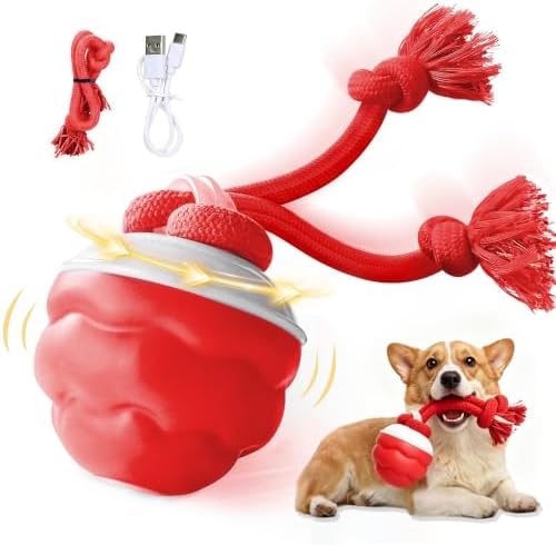 Interactive Dog Toys, Automatic Rolling Ball with Rope, Red
