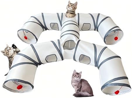 Foldable H-Shaped Cat Tunnel Toy with Interactive Playing Balls - 4 Exits for Cats, Kittens, Rabbits & Small Pets Collapsible Play Tube for Indoor Fun & Exercise