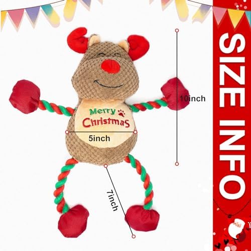EXPAWLORER Christmas Dog Squeaky Toys - Interactive Reindeer Stuffed Plush Dog Toy with Squeakers Crinkle Paper, Chew Rope Toys for Puppy Small Medium Large Dogs