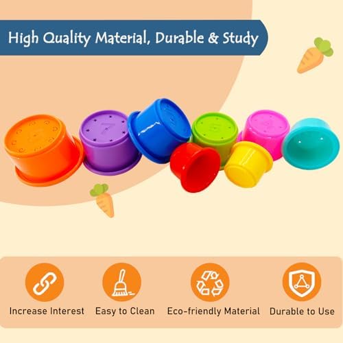 8 Pcs Stacking Cups for Rabbits Guinea Pig - Safe Reusable Bunny Toys Rabbit Toys in Different Sizes, Durable Rainbow Colored Nesting Toys for Bunny Small Animals Hiding Food and Playing