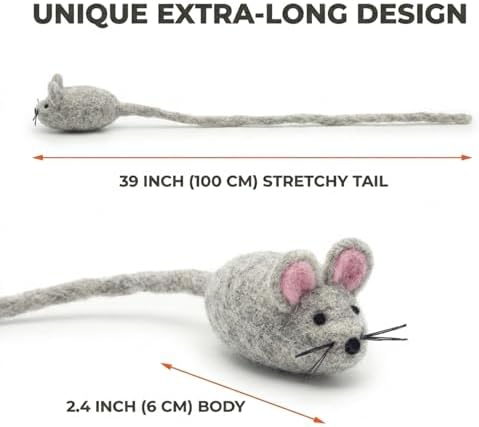 Glaciart One Felt Mouse Cat Toy – Soft Fuzzy Enrichment 100% Natural Wool - Interactive Catnip Play Cat Toy Set - Safe for Pets, Non-AZO Colored Dyes - 42” Long