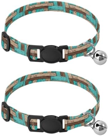 Teal Brown Wood Collar for Cats, 2 Pack Small Dog Collar with Bell