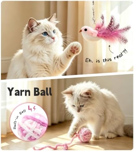 SONGWAY Interactive Cat Wand Toy Set - Retractable Cat Teaser Wand with 8 PCS Cat Toy Attachments, Dragonfly Butterfly Bird Mouse Yarn Ball Tassel Feather Cat Toy Refills for Indoor Cats Kittens, Pink
