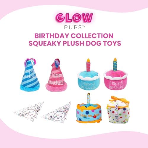 Glow Pups Dog Birthday Cake Plush Toy, Squeaky, Promotes Mental Stimulation & Interactive Play, Easy to Clean, Soft Chewable Squeaky Dog Toys for Any Celebrations, Blue