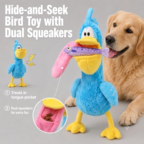 Squeaky Dog Plush Chew Toy Set, Interactive Tug Squeaky Toy for Chewers, Medium&Large Dogs&Fetch Play, 20.5 in Stuffed Bird with Bonus Fish Toy&Treat Storage Beak for Gentle Gum Care & Boredom Relief