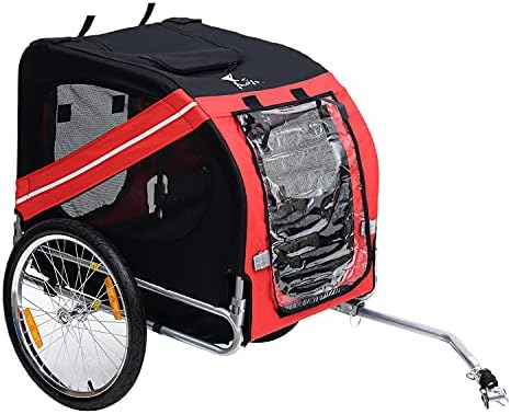 Heavy-Duty Dog Bike Trailer & Pet Cargo Carrier with 3 Zippered Doors 20" Off-Road Wheels for Medium Dogs Up to 44 lbs - Easy Fold & Storage Red/Black