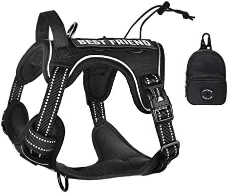 Petmolico No Pull Dog Harness, 2 Leash Clips Tactical Dog Harness Soft Padded Reflective Service Dog Vest with Dog Treat Pouch for Outdoor Walking Training, Black Small