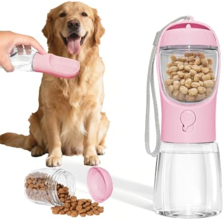 Portable Dog Water Bottle with Food Container, Pink, 12oz
