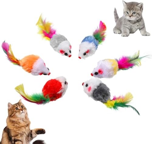 6 Pack Mouse Toys for Cats, Furry Rattle Interactive Mice Toys with Feather Tails Realistic Faux Fur Cat Mouse Toys for Indoor Cats & Kittens (6 Color)