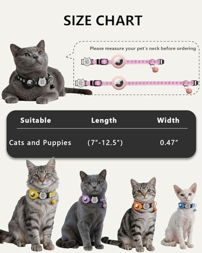 Cat Collar with AirTag Holder, QR Code Tag and Bell (Black, Paw Pattern)