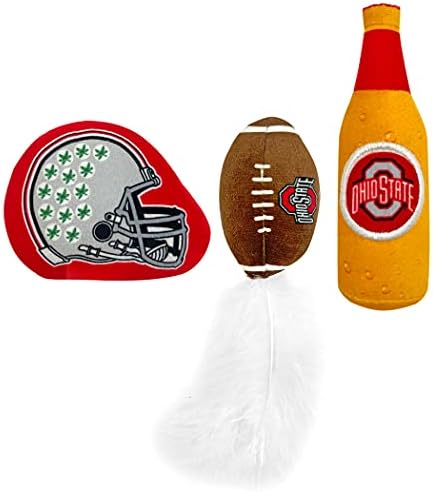 BEST PLUSH CAT TOY NCAA OHIO STATE BUCKEYES Complete Set of 3 piece Cat Toys filled with Fresh Catnip. Includes: 1 Helmet Cat Toy, 1 Football Cat Toy with Feathers & 1 Beer Bottle. Beautiful Team LOGO