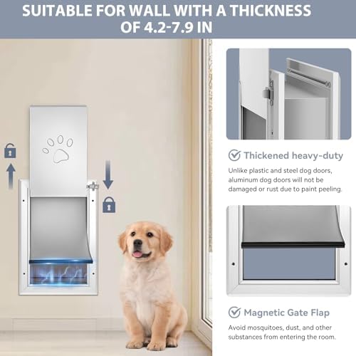 [Petoasis] 3-Flaps Heavy-Duty Dog Door for Wall,Rustproof Aluminum Frame | Energy-Efficient,Thick Flaps Block Wind Snow Rain Intrusion in Extreme Weather (Silvery White, Large for Wall)