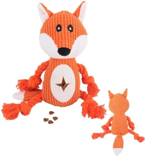 Dog Squeaky Chew Toy, Plush Crinkle Rope Dog Toy - Orange Fox