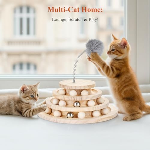 Large Upgraded Cat Track Ball Toy with Bell & Teaser Wand - 3-Layer Tower Roller, Interactive Wooden Cat Toy for Mental & Physical Exercise, Double Fun for Kittens & Adult Cats
