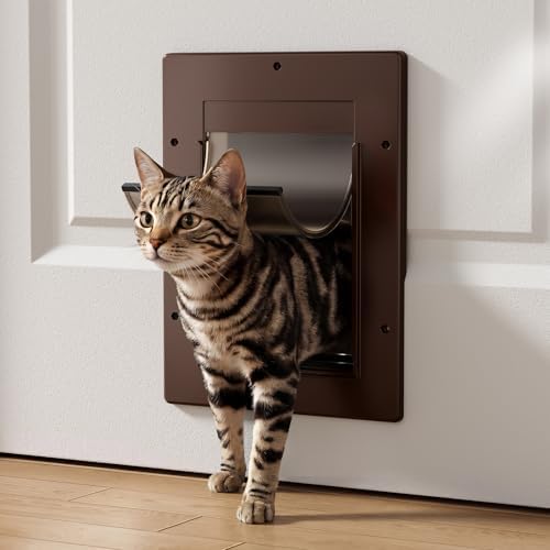 Cat Door for Interior & Exterior Doors, Pets Up to 20 lb, Brown | ﻿Soft Magnetic Flap, Sliding Lock Panel, Adjustable Tunnel, Save energy, Prevents Paw Pinching, Easy DIY Installation