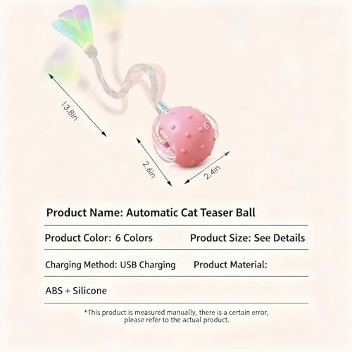 Automatic Chirping Cat Ball, 3 Interchangeable Tails for Indoor Cats, Pink