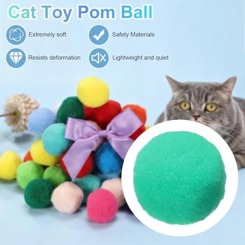 Cat Toy Pom Ball, Interactive Cat Ball Toys Fuzzy Pompoms (Plush, 1.2Inch, 30Pcs, Mint Green) for Kittens Pet Enrichment Training Play Indoor