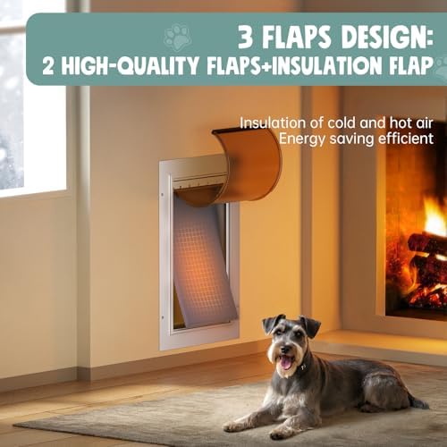3-Flaps Insulated Aluminum Dog Door for Wall, Pets Up to 45 lb | Heavy-Duty Telescoping Medium Pet Door with Dual Security Locks, Closing Panel, Extreme Weather Dog Door