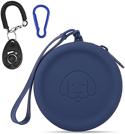 WALLFID Silicone Dog Treat Pouch Small Bag,with Pet Training Clicker,Walking Bag for Dog and Cat, Pocket Size, Easy to Clean, Odorless, Zipper Design,Moisture-Proof,Travel Walking Bag.(Navy Blue)