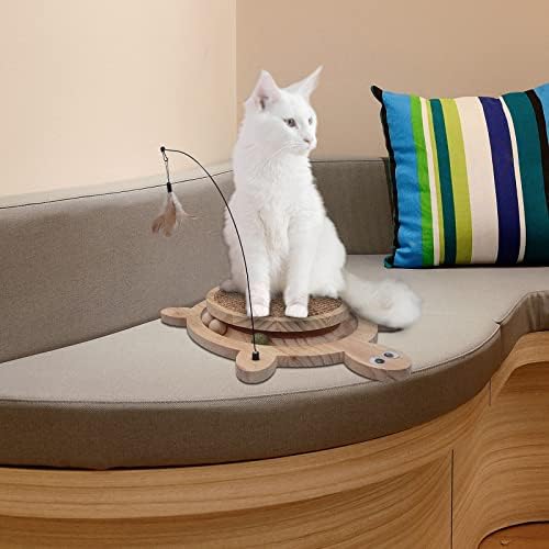 Petest Wooden Interactive Cat Toy with Ball Track & Teaser Wand – Solid Pine Wood Cat Scratcher with Natural Sisal Rope, Replaceable Toys, Turtle Design