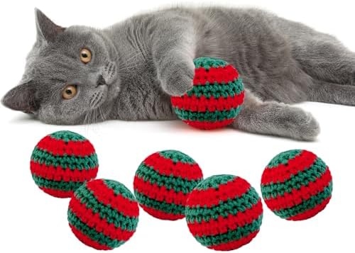 Christmas Cats Ball Toy with Bell Inside, 6Pcs Hand-Made Knitted Woolen Yarn Cat Toys Jingle Bell Balls, Indoor Kitten Interactive Toys for Hunting/Kicking/Chasing Woolen