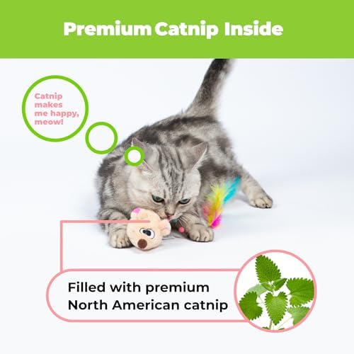 Catify Interactive Cat Toy - Squeaking Mice Set, Beige & Gray