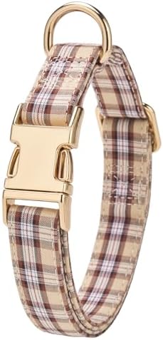 Soft Cotton Dog Collar Classic Plaid Pet Collars with Metal Clasp for Small Dogs with Sensitive Skin, Camel Brown
