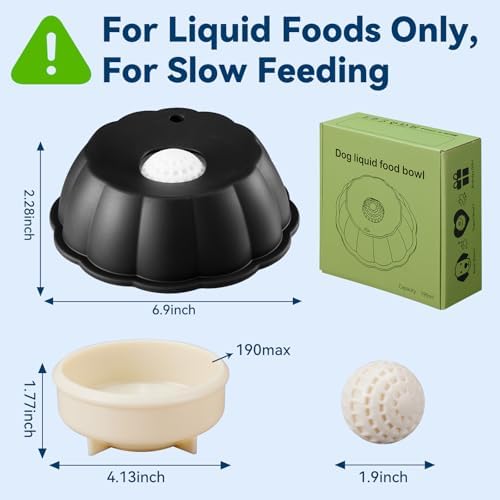 Dog Lick Bowl Ball Slow Feeder, Licking Bowl for Liquid Treat with Rolling Spin Sphere Roller Licker, Licky Feed Calming Anxiety Relief Enrichment Yogurt (Black)