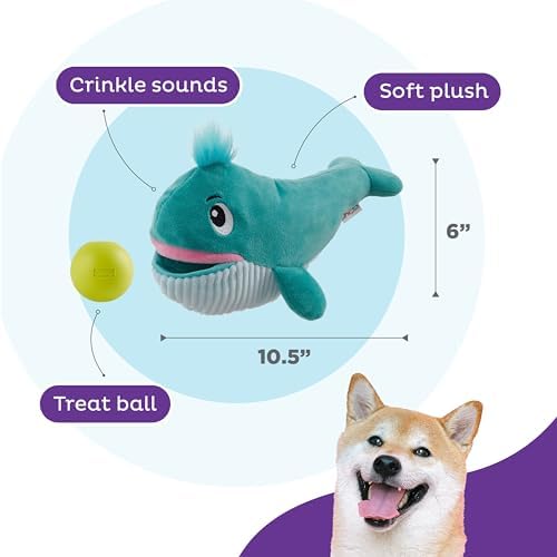 Outward Hound by Nina Ottosson Big Mouthz Interactive Plush Dog Puzzle with Treat Ball, Whale, Blue