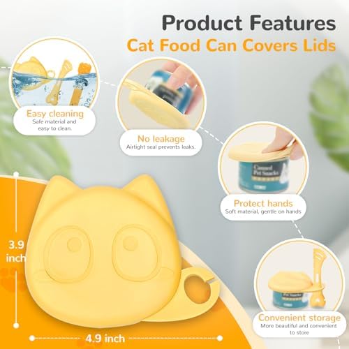BAEJMJK Silicone Cat &Dog Food Can Cover Lid and Spoon With One Cat Strip Feeder 3Pcs Pet Cats Supplies Set Cute Shape Cats Wet Food Spoon(Opener/Spatula) Universal Can Cover（Yellow）
