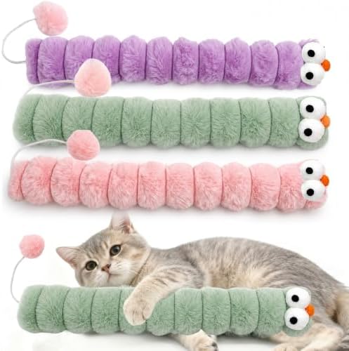 3 Pack Long Cat Kicker Toys with Catnip, 14.5 Inch Plush Caterpillar Cat Toys for Indoor Cats, Interactive Kicker Toys with Rabbit Fur Tail for Biting and Play