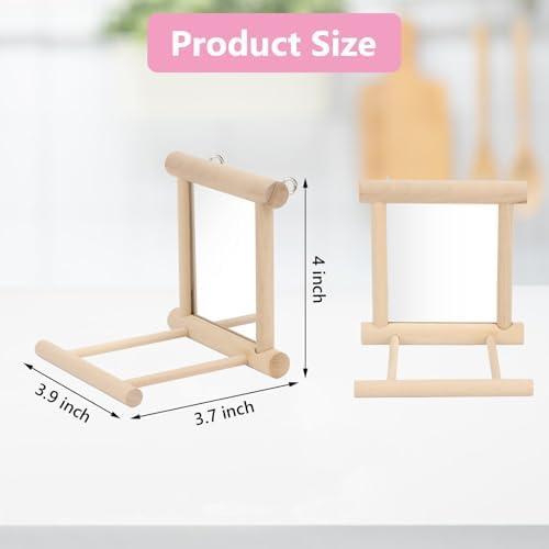 Wontee Bird Mirror with Perch for Parakeet Cage Bird Toys (2pcs-Wood Color)