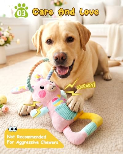 Swooflia Easter Tug of War Dog Toy - Squeaky Plush Dog Toy for Small Medium Dogs to Keep Busy, Interactive Crinkle Doggie Toy Cute Bunny with Soft Long Pull Handle (Not for Big & Aggressive Chewer)