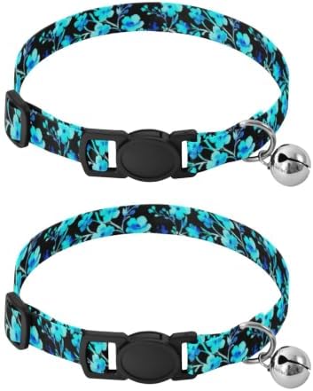 Watercolor Blue Turquoise Flowers Cat Collar Breakaway with Bell 2 Pack Cat Collar Adjustable Length 10.6" to 17.1"