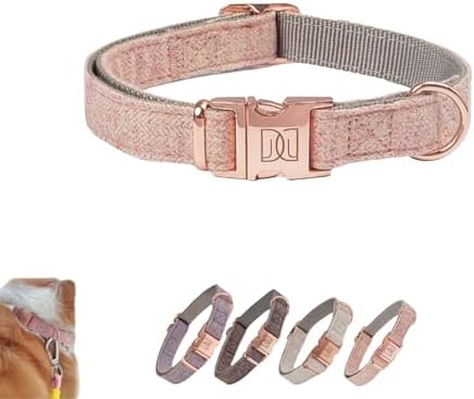 5ft Pink Hands Free Dog Leash & Premium Adjustable Collar Set - Bungee Waist/Crossbody Leash with Safety Lock, Rose Gold Buckle, Smart ID Ring - Durable Nylon & Twill for Small to Mediu Dogs