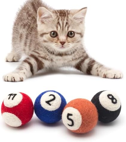 Glaciart One Wool Pool Ball Cat Toy – 4 Pcs with Catnip - Soft Fuzzy Enrichment 100% Natural Felt Cat Toy - Interactive Play Set - Safe for Pets, Non-AZO Colored Dyes – 1.5”