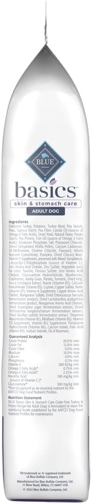 Blue Buffalo Basics Turkey Adult Grain-Free Dry Dog Food, 24 lb | Skin & Stomach Care, Real Turkey #1 Ingredient, Limited Ingredient Diet, Antioxidant-Rich LifeSource Bits, Skin & Coat Health