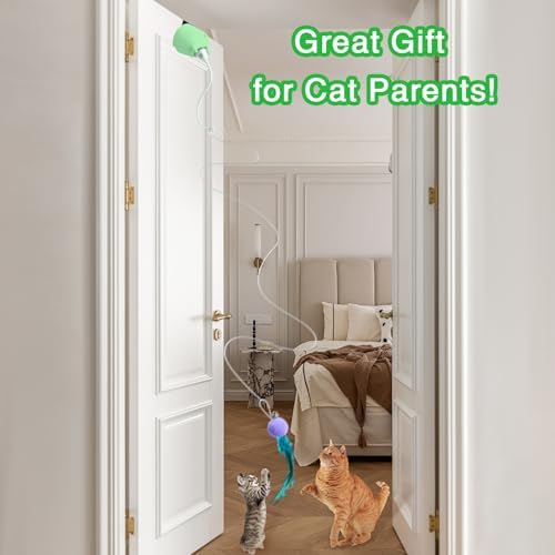 Cat Toys Interactive for Indoor Cats, Rechargeable Toy Hanging Door Electric with 4pcs Feathers Toys for Bored Kittens (Green)