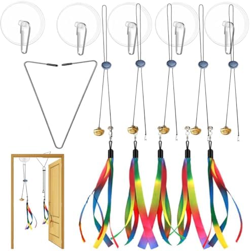 Door Hanging Cat Toys with Suction Cups, Interactive Hanging Feather & Plush Cat Toy with Bell, Assorted Replaceable Refills for Indoor Kitten Hunting Exercise & Boredom Relief (Ribbon)