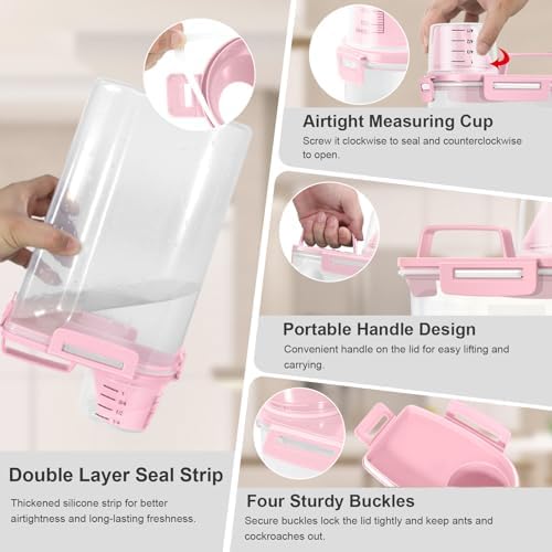 Dog Cat Food Storage Container with Cup (Pink, 2.5L (2 pack))