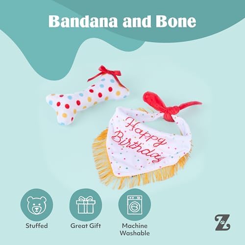 ZippyPaws Dog Birthday Gift Bandana & Bone - Cute Accessories for Girl & Boy Dogs, Holiday Set, Fits Small, Medium, & Large Dogs, Stuffed Plush Toy, Machine Washable Handkerchief - One Size Fits Most