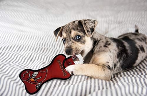 Pets First NFL Tampa Bay Buccaneers Football Dental Tough Dog TUG Bone Toy with Built-in Squeaker Attached to a Safe Rubber Teething Toothbrush PET Toy, Team Color, 14 x 5 (TBB-3310)
