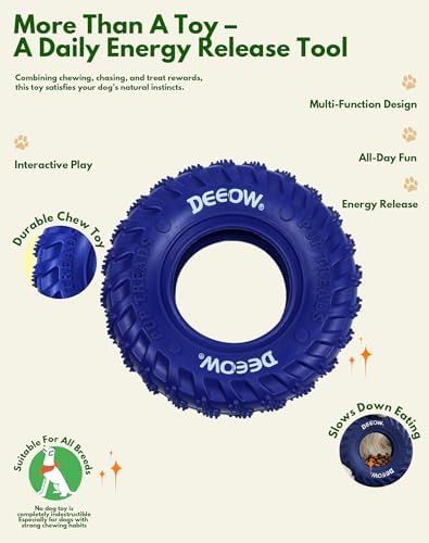 Deeow Rolling Dog Tire Chew Toy for Teething & Treat Dispensing-Blue 6.3''