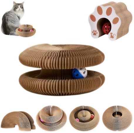 Kitty Curls Cat Toy | Magic Organ Accordion Cardboard Cat Scratcher for Indoor Cats | Foldable Circle Cat Toy with Bell Ball | Interactive Collapsible Cat Dancer Toy | Scratching Pad (Paw Face)
