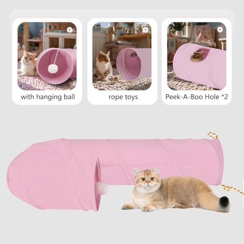 Cat Tunnel, 2-Way Collapsible Cat Tube with Interactive Peek-A-Boo Hole, Toy Ball, and Rope – Ideal for Indoor Cats, Kittens, and Rabbits (Pink)