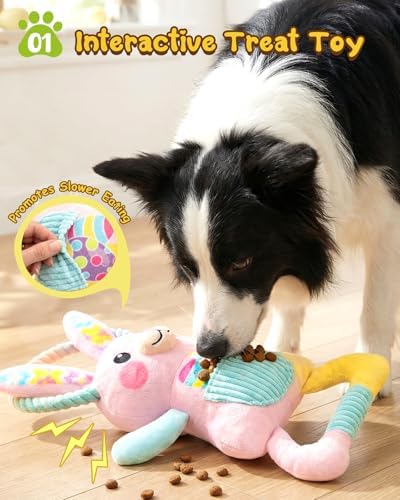 Swooflia Easter Tug of War Dog Toy - Squeaky Plush Dog Toy for Small Medium Dogs to Keep Busy, Interactive Crinkle Doggie Toy Cute Bunny with Soft Long Pull Handle (Not for Big & Aggressive Chewer)