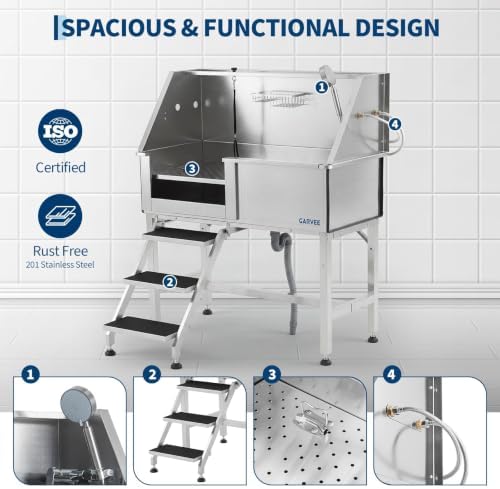 Professional Stainless Steel Dog Washing Station 46 Inch – Heavy Duty Pet Grooming Bathtub – Brushed Finish – Access Stairs – Grooming Arm & Showerhead – for Home or Salon – Left Opening Door