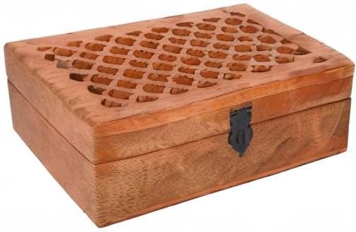 Mango Wood Decorative Wooden Box with Hinged Lid in Jali Carvings Used as Storage Box Christmas Gifts Items (9" x 6" x 3')