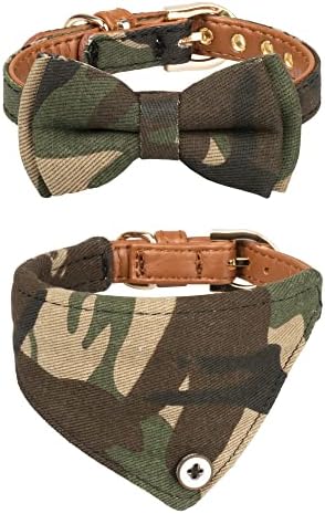 Small Dog Collar Set, 2Pcs Puppy Cat Collar with Bow Tie & Bandana, Durable PU Leather Canvas Tiny Pet Scarf for Small Breed Pets camo-Green