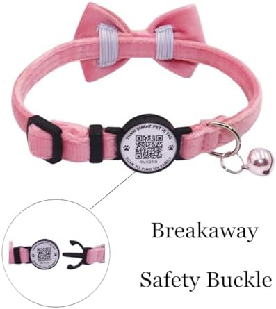 THAIN Personalized Cat Collar with Bell and Bowtie Breakaway QR Code Name Smart ID tag Quick Release Soft Comfortable Collar for Cats and Kittens (Pink)